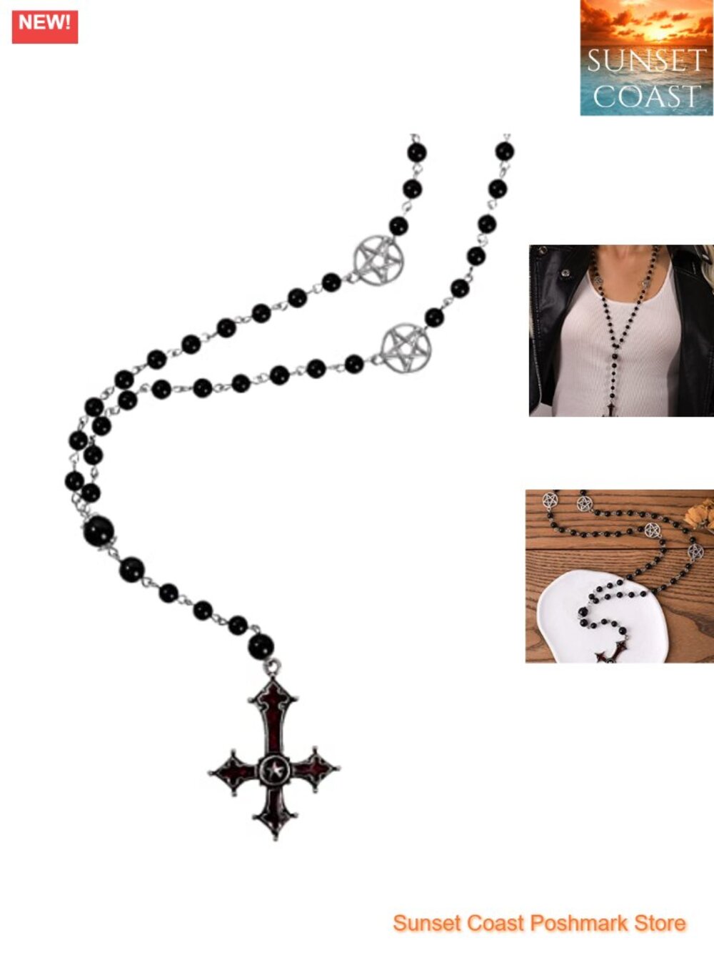 Beaded Upside Down Cross Pendant Necklace Goth Emo Punk Grunge Zinc Alloy Black